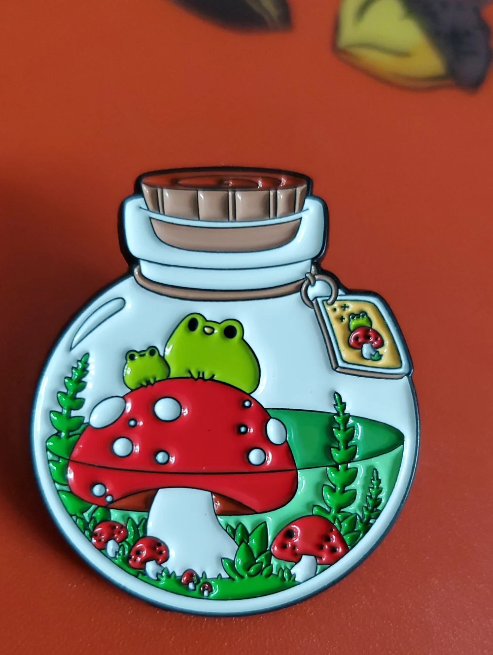 Cute Frog & Mushroom Enamel Pin - Glass Bottle Design